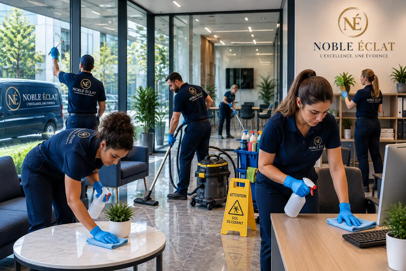 Nettoyage d'une table dans un espace de bureaux ouvert