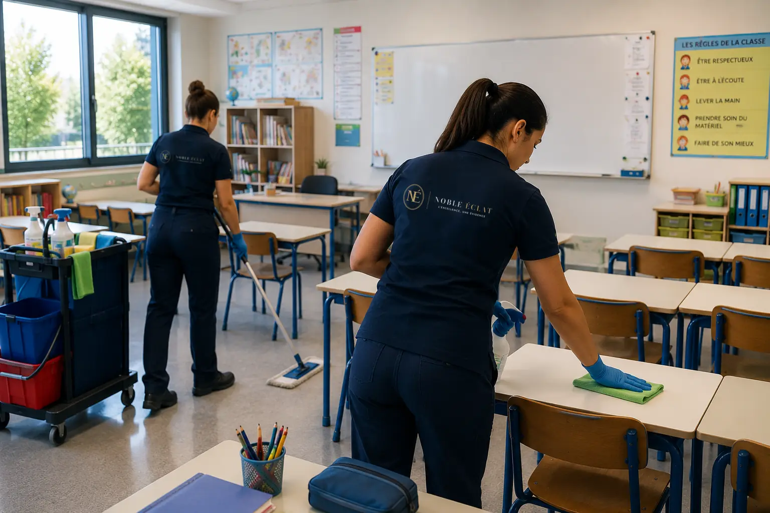 Entretien d'une salle de classe : tables essuyées et sol lavé