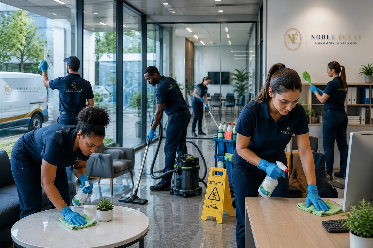 Équipe de nettoyage entretenant un plateau de bureaux