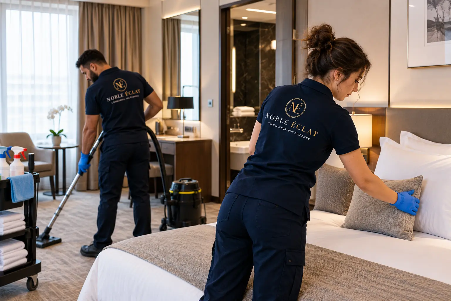 Nettoyage d'une chambre d'hôtel : coussins arrangés sur le lit et aspiration de la moquette