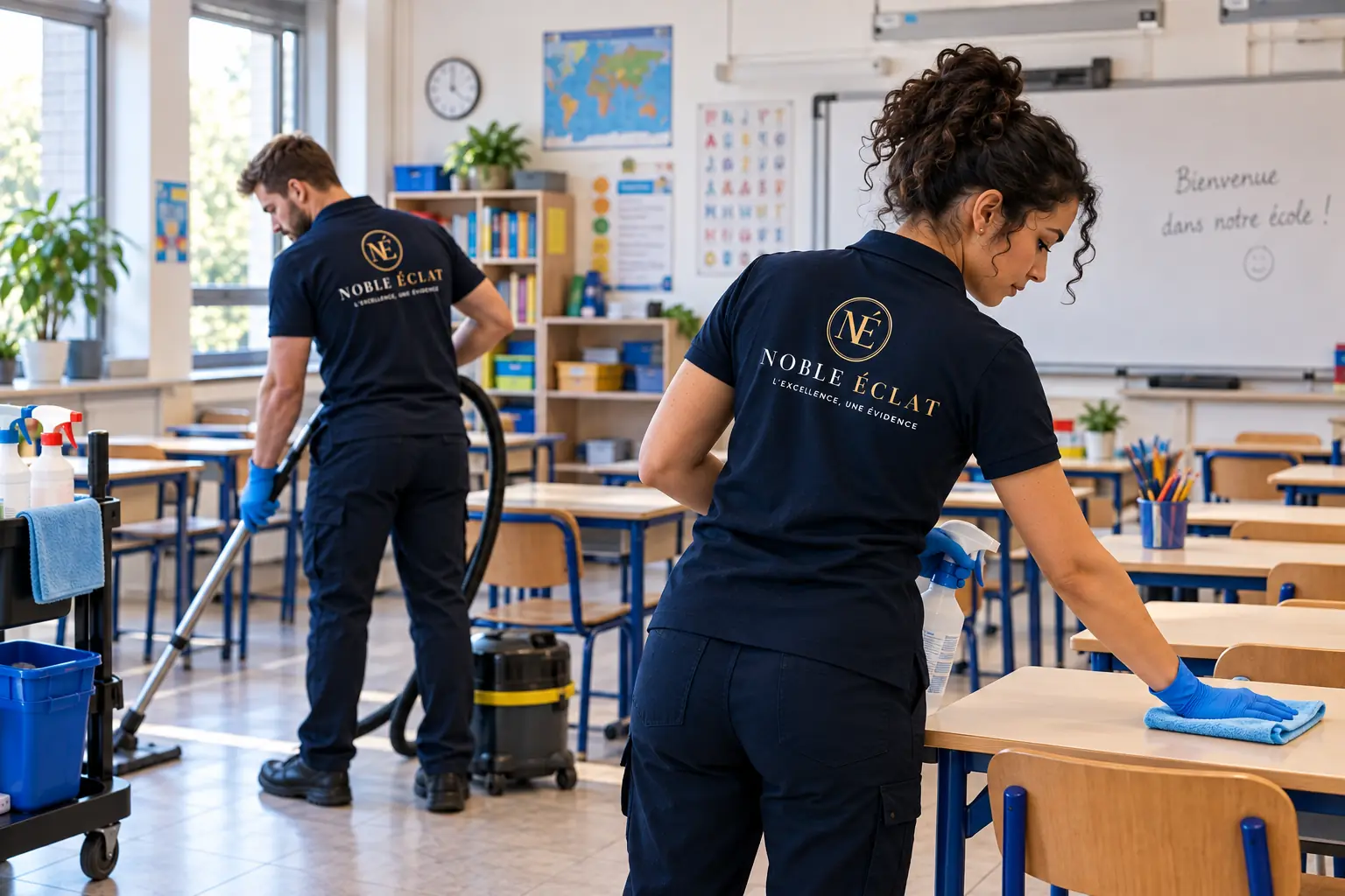 Nettoyage des tables d'une salle de classe d'école